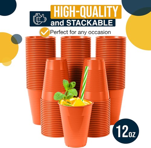 Exquisite Party Solids 12 Oz Orange Plastic Cups - 50 Pack Disposable Drinkware for Events & Everyday Use