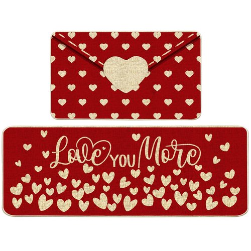 FUTBU Valentines Day Kitchen Rugs and Mats Set of 2, Red Love Kitchen Decor, Farmhouse Anti-Fatigue Mats for Floor Decorations for Home, Love You More Rug Home Decor 17"x27"+17"x47"