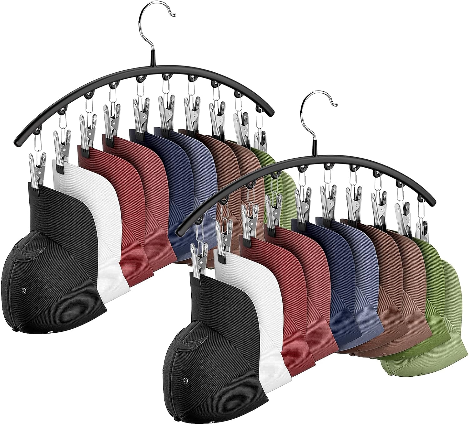Skiennix Hat Hangers - Metal 2-Pack Hat Organizer with 10 Clips | Black Baseball Cap Holder for Closet