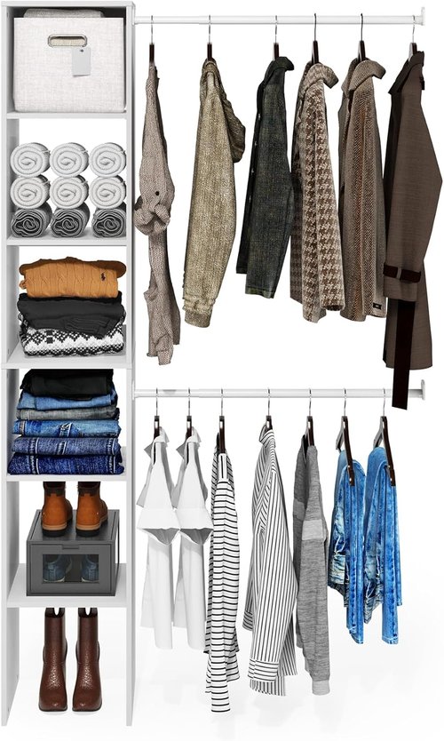 Furinno FANO Closet Organizer - 2 Hanging Bars & Shelf Towers for Bedroom Storage | White