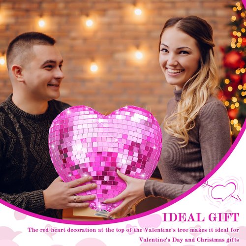Gejoy Valentine's Day Tree Topper Disco Heart Sequin Ball Treetop Decoration Glitter Heart Ornament Flash Love Topper Decor 9.06'' x 6.69'' for Valentine's Day Party Supplies Gift(Pink)