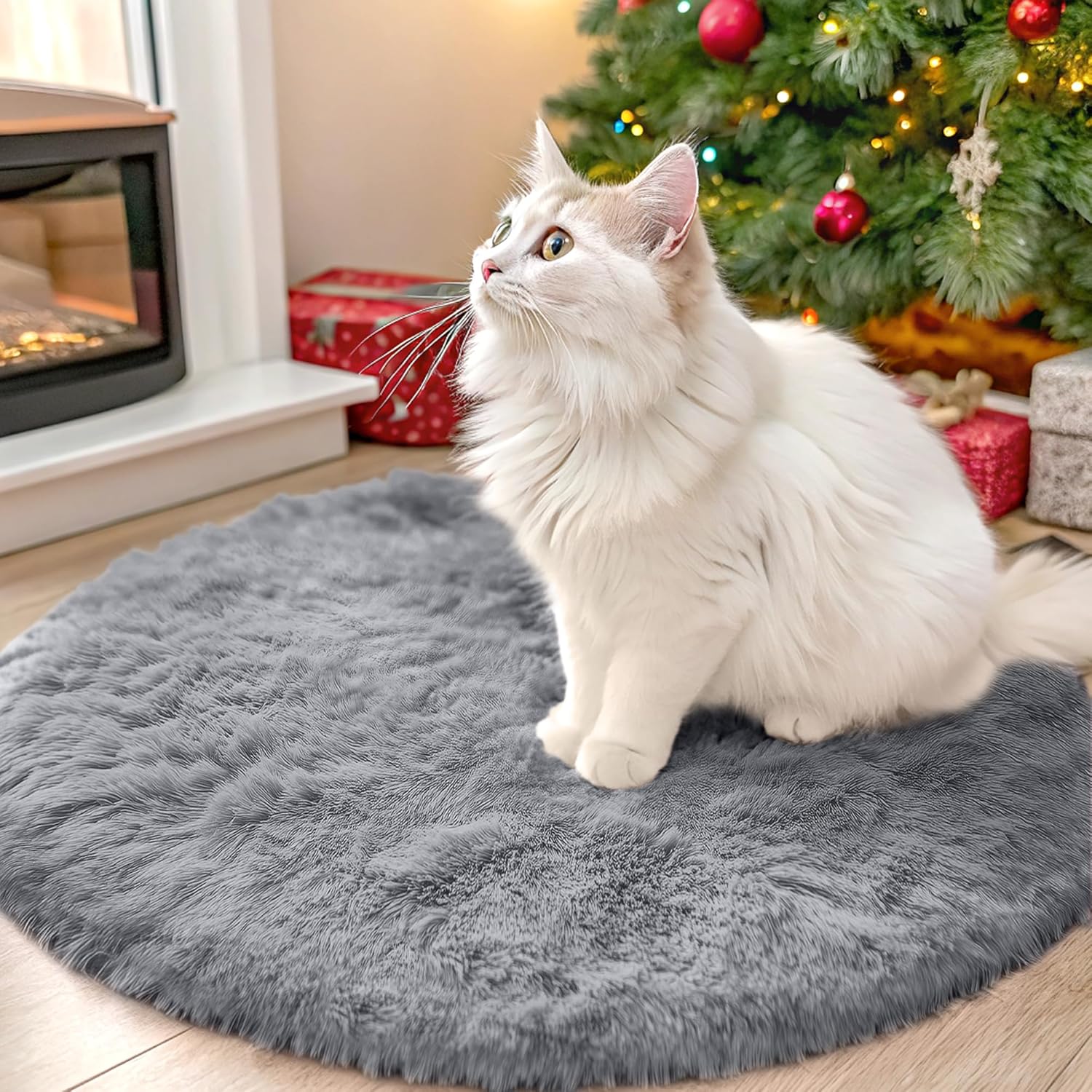 OLANLY Round Light Grey Area Rug - Soft, Fluffy, Machine Washable 2 ft Carpet for Bedroom & Living Room