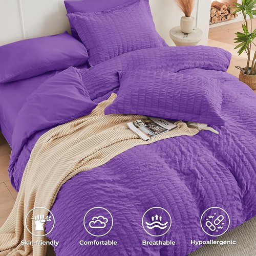HYMOKEGE Twin Comforter Set - Bright Purple Seersucker 5-Piece Luxury Bedding Set | All-Season Comforter, Sheets & Pillowcase