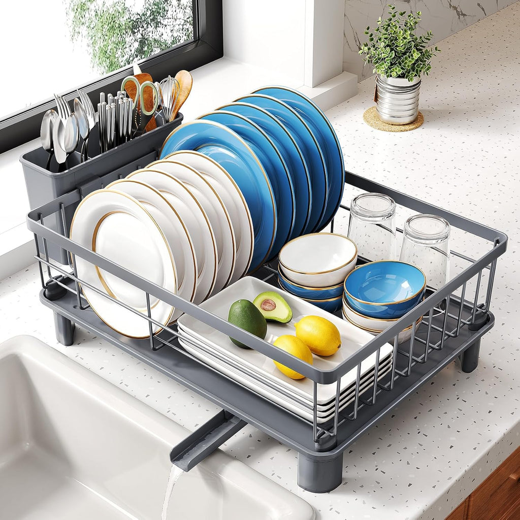 SNTD Dish Drying Rack - Stainless Steel Kitchen Dish Drainer with Utensil Holder | 11" W x 15" L (Grey)
