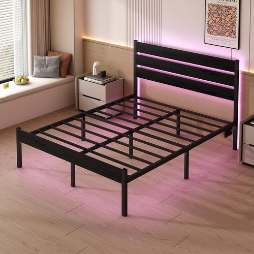 Chuangshuo Guard Full Size Bed Frame with Headboard,Heavy Duty LED Bed Frame with USB Charging Station,Mattress Foundation-Under Bed Storage, No Box Spring Needed, Noise Free，Black