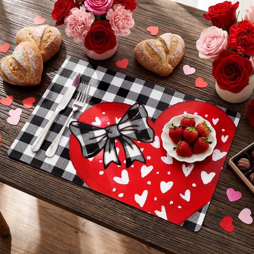 Gandeer Set of 6 Valentine's Buffalo Plaid Placemats 17 x 12'' Hearts Love Truck Place Mats Plastic Table Mat Romantic Farmhouse Modern Kitchen Decor for Valentine February Home Dinner Dining Party