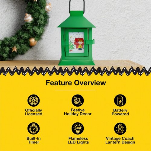 Mark Feldstein Peanuts Holiday Snoopy's Dog House Lantern - Green Metal LED, 6 Inch