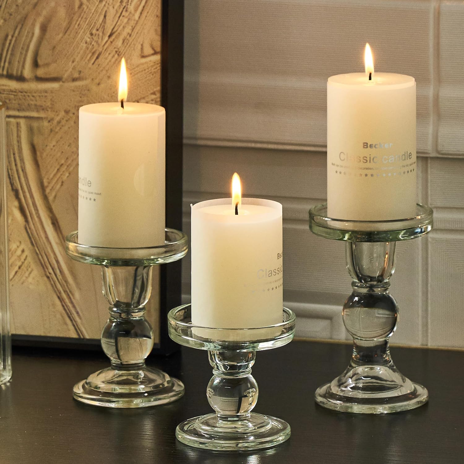 Skiennix Clear Candle Holder Set - 3 Pcs Glass Pillar Holders for Taper Candles | Elegant Design
