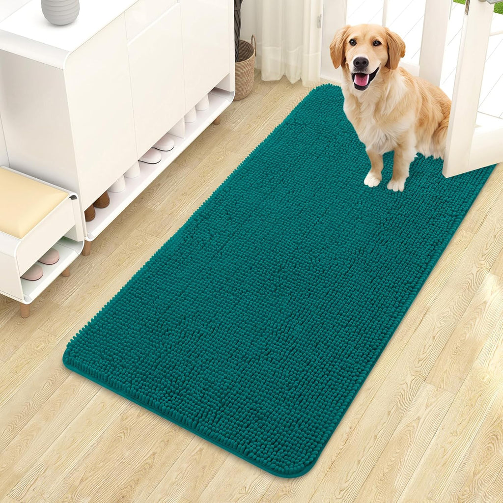 OLANLY Dog Door Mat - Absorbent Non-Slip Washable Doormat for Muddy Paws | 44x24, Quick Dry Chenille, Lake Blue
