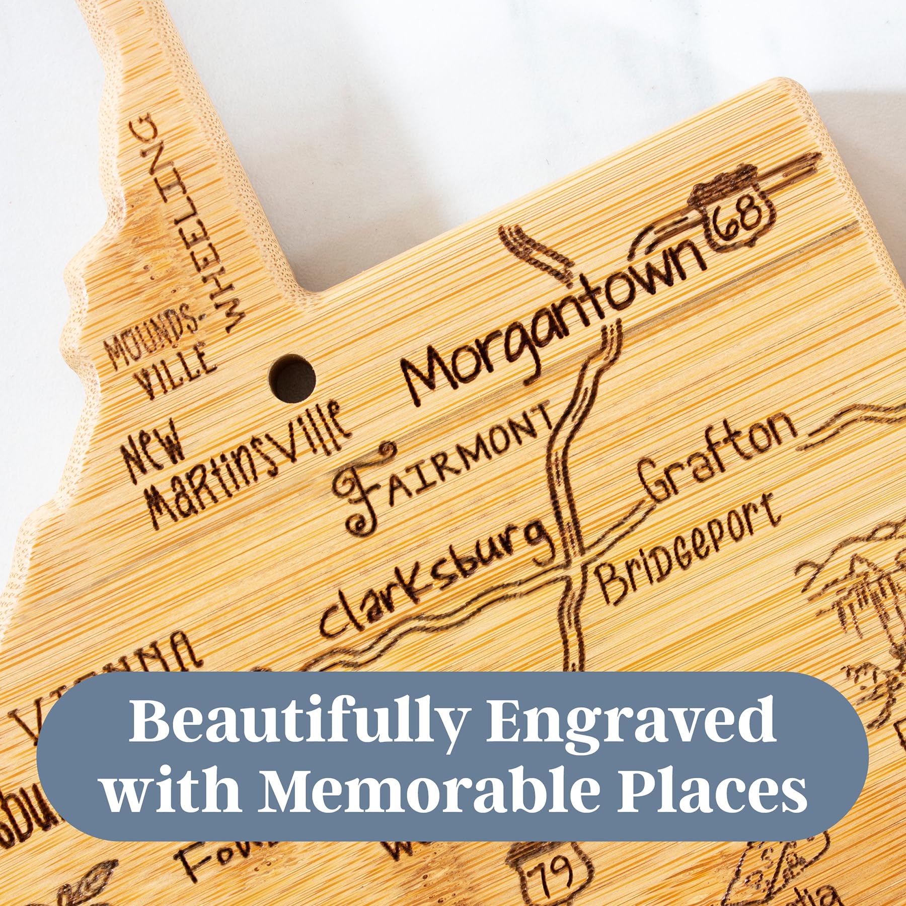 Totally Bamboo Destination West Virginia Shaped Cutting Board – Bamboo Charcuterie and Serving Board with Hang Tie for Wall Display