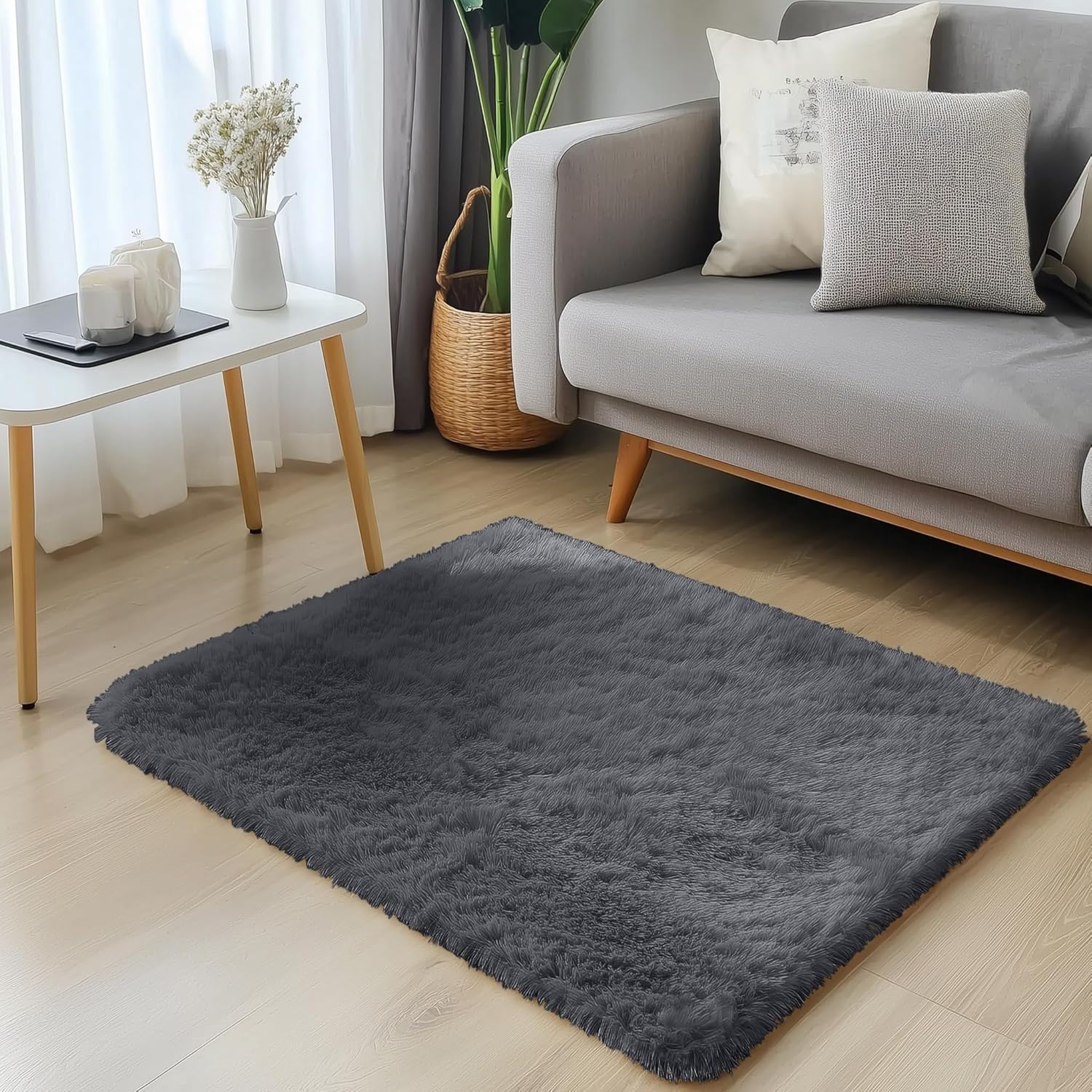 OLANLY Soft Fluffy Shaggy Bedside Rug - Machine Washable 2x3 ft | Ideal for Bedroom & Nursery, Grey