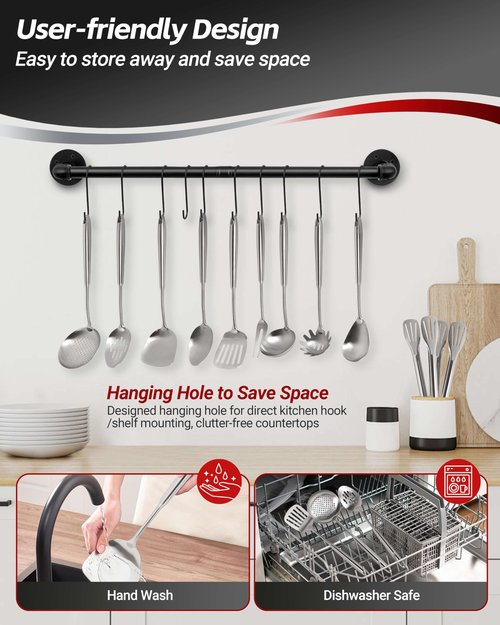 304 Stainless Steel Kitchen Utensils Set - 11 PCS All Metal Cooking Tools & 15″ Serving Utensils Set, Meat Fork, Tongs, Turner, Pasta, Serving Spoon, Skimmer, Ladle, Spatula Spoon Set