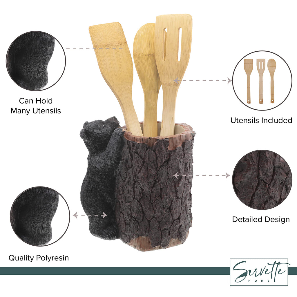 Servette Home Brown Bear Utensil Holder Caddy with 3 Wood Utensils