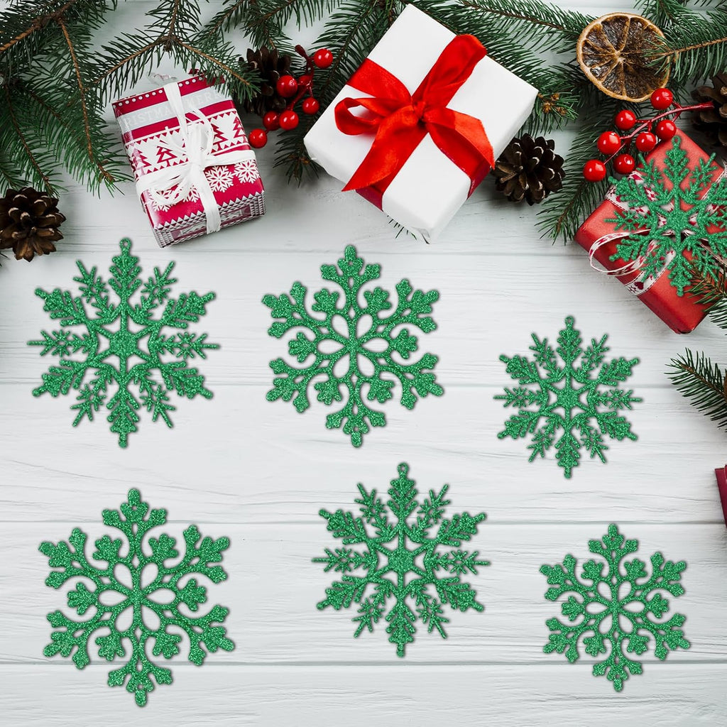 Skiennix Dark Green Christmas Snowflake Ornaments - 36Pcs Glitter Hanging Decor for Winter Wonderland