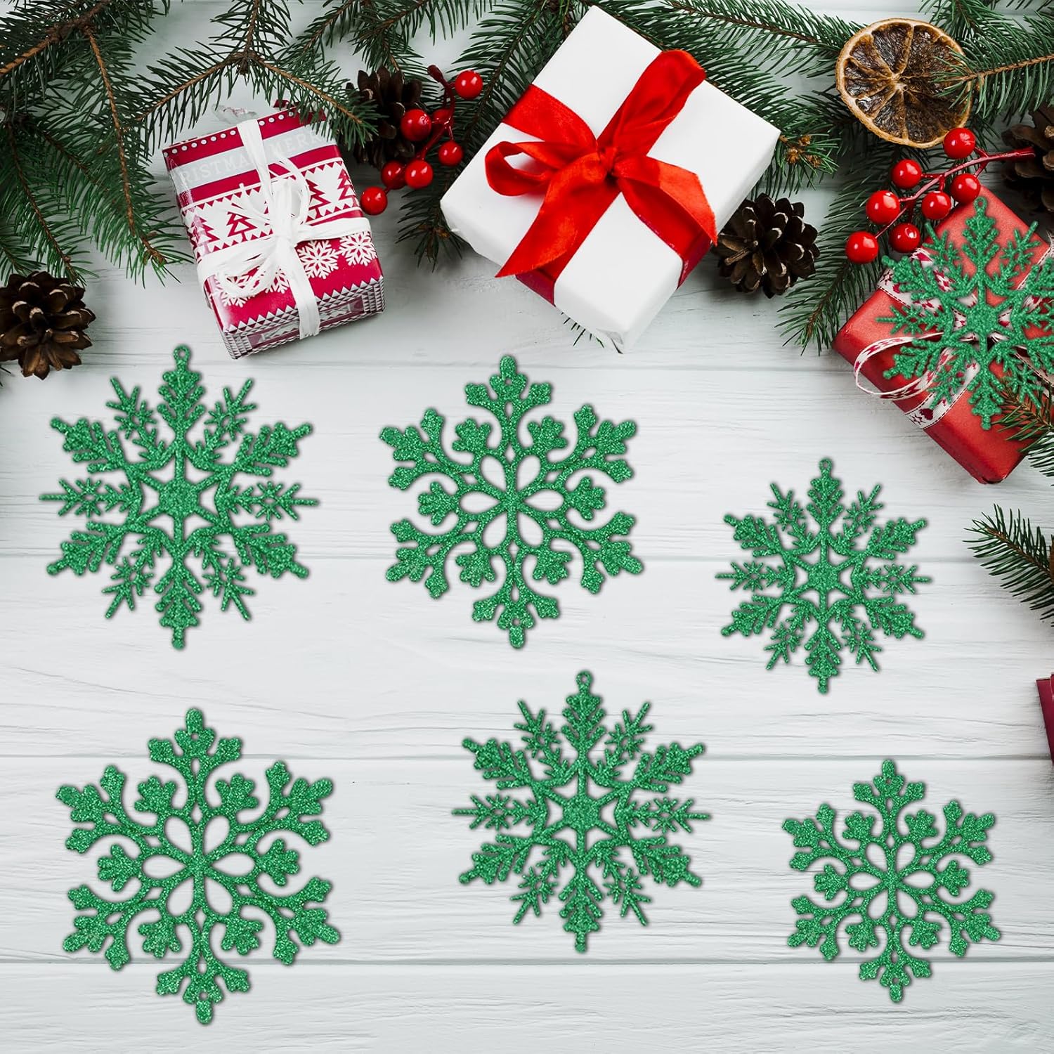 Skiennix Dark Green Christmas Snowflake Ornaments - 36Pcs Glitter Hanging Decor for Winter Wonderland