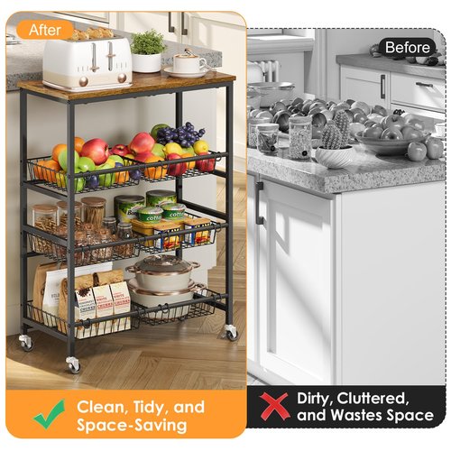 4-Tier Rolling Kitchen Storage Cart, Utility Kitchen Pantry Snack Organizer Cart with Wheels, Microwave Stand with Storage Shelf for Snack Fruit Vegetable Potato Onion, 6 Wire Basket and Wood Tabletop