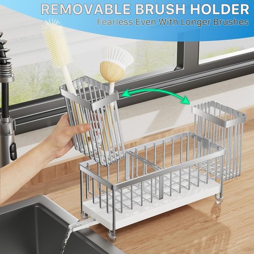 Cisily Kitchen Sink Caddy Organizer - Rustproof 304 Stainless Steel with High Brush Holder | Silver, 9.25”