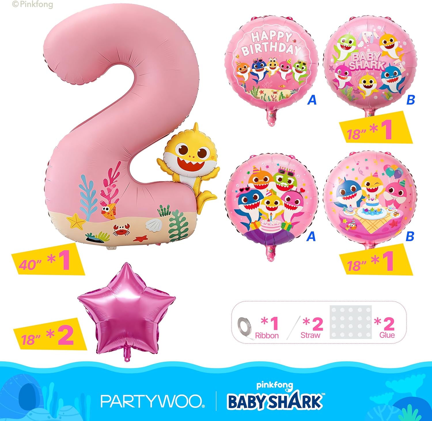 PartyWoo Baby Shark Pink Foil Number 2 Balloon - 5pcs 18-Inch Round Mylar Helium Birthday Decorations for Kids