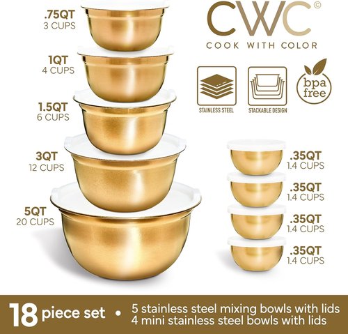 Cook With Color 18-Piece Mixing Bowls Set - Airtight Lids & Stainless Steel Organizers | Gold Meal Prep & Storage