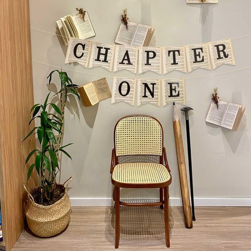 Chapter One Banner Sign A New Chapter Begins Banner Book Reading Themed decor Sign Garland for Wedding Baby Shower Retirement engagement Bridal Shower