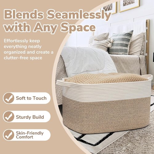 Goodpick Large Woven Blanket Basket - 21.6" x 14.9" x 11.8" Cotton Rope Storage for Living Room & Bedroom - White & Brown
