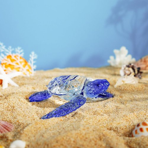 HDCRYSTALGIFTS Handmade Crystal Sea Turtle Figurine - Art Glass Ocean Sculpture for Home Decor (5 Inch, Blue)