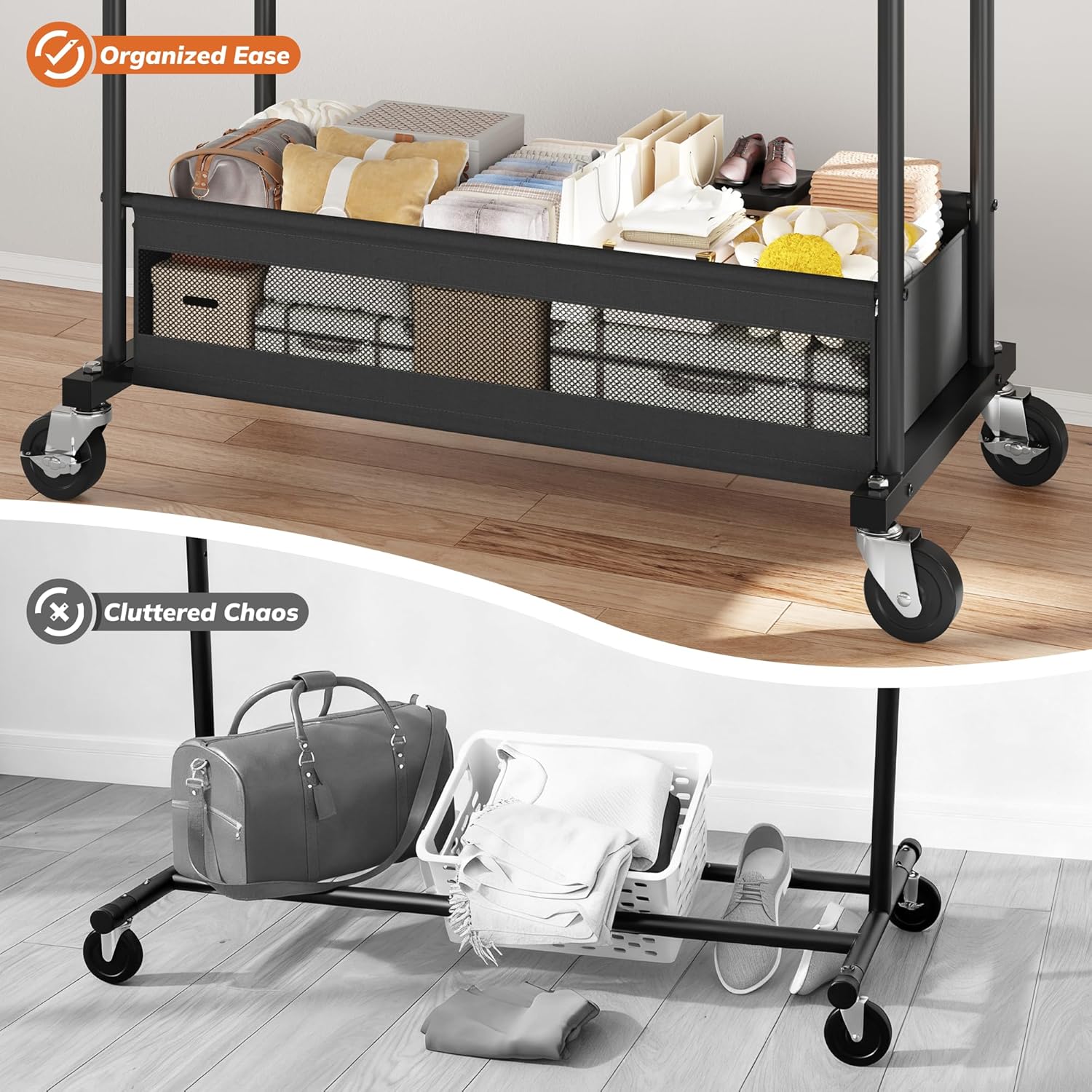 Skiennix Double Rod Clothing Rack - Rolling Garment Rack with Storage Basket & Heavy-Duty Wheels | Black