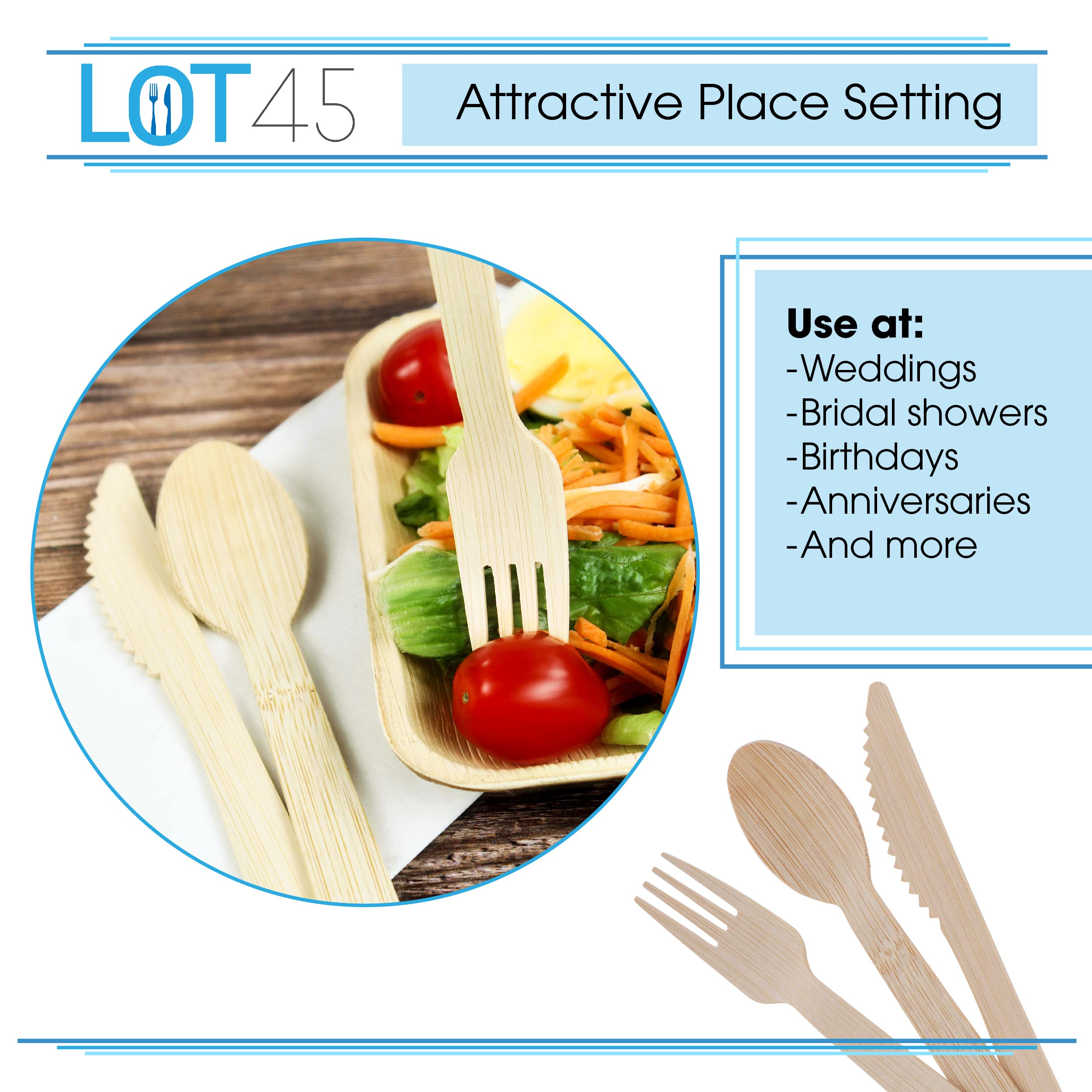 Lot45 Bulk Bamboo Utensils Set 360pc - Recyclable Cutlery Set Includes 20 Bonus Packaged Sets of Disposable Silverware
