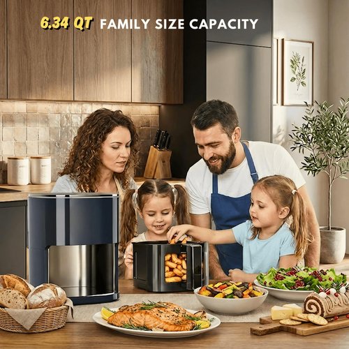 Air Fryer 6.34QT with Clear Window, 12-in-1 Air Fryer Oven, Square Airfryer, Air Fry, Roast, Reheat, Dehydrate, Bake, Steam, 400°F Rapid Air Crispy Technology, Grey