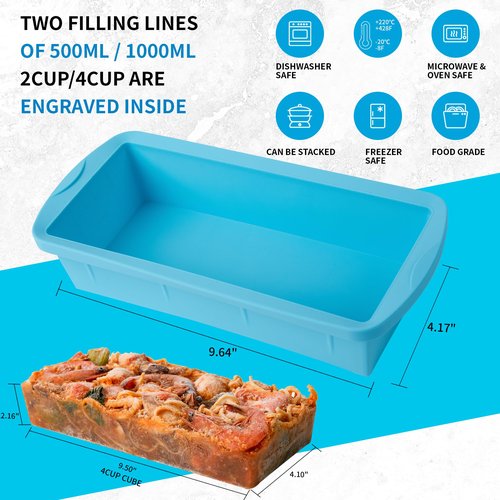 WENQING Silicone Freezer Tray with Lid 2 Pack Silicone Freezer Molds - Large Ice Cube Tray - Makes 2 Perfect 4 Cup Portions Soup Cubes Meal Prep Containers- Oven & Dishwasher Safe