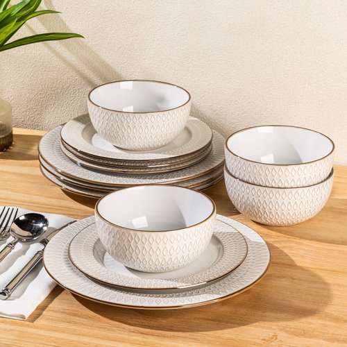 GBHOME Ceramic Dinnerware Sets,18 pcs Embossed Elegant Stoneware Plates and Bowls Sets, Housewarming Wedding Gift | Dishwasher & Microwave Safe | Dishes Set Service for 6