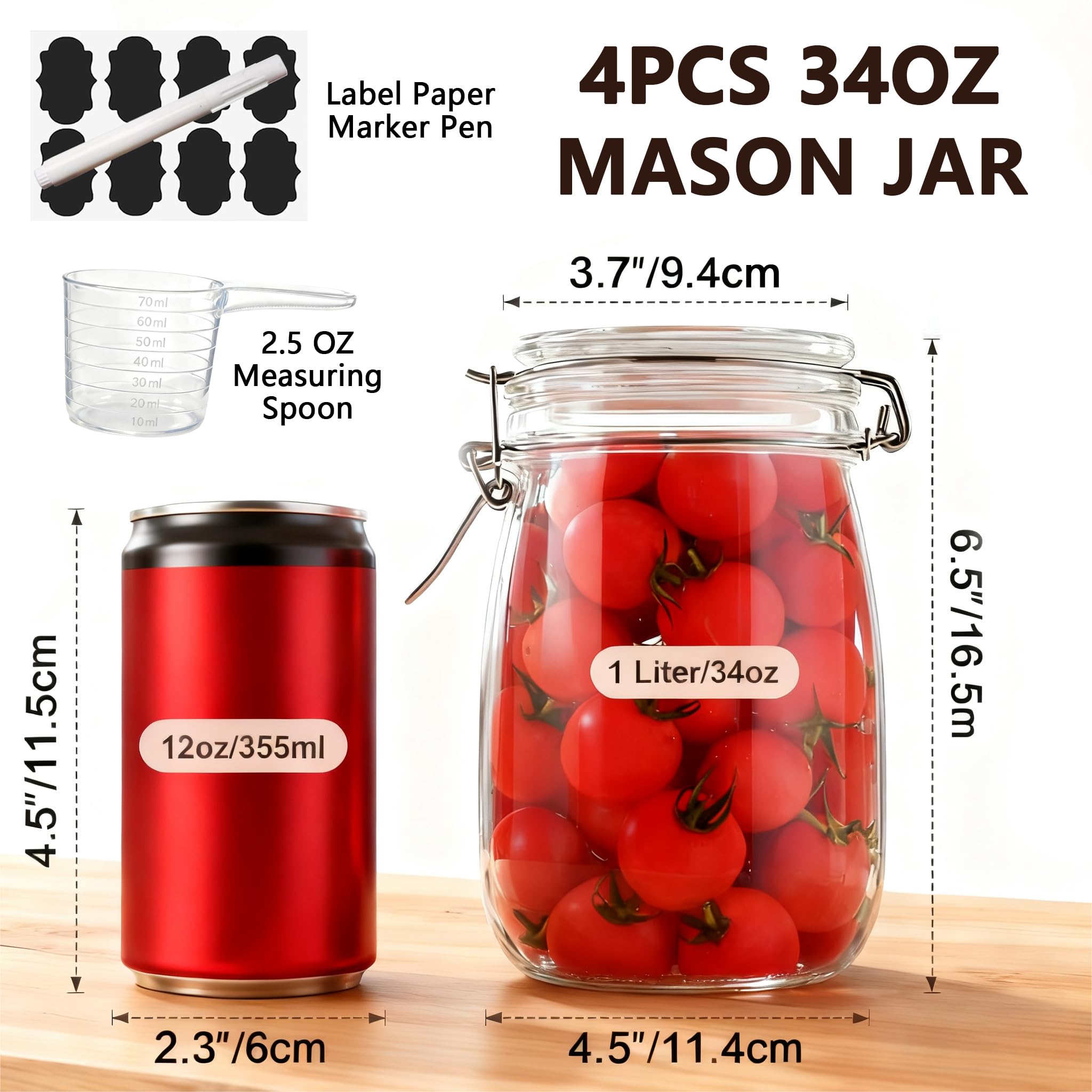 TAOUNOA 4PCS Glass Jars with Airtight Lid, 34 OZ Mason Jars Wide Mouth, Glass Pickling Jars for Canning & Fermenting, Mason Storage Container for Coffee, Flour, Sugar, Pasta