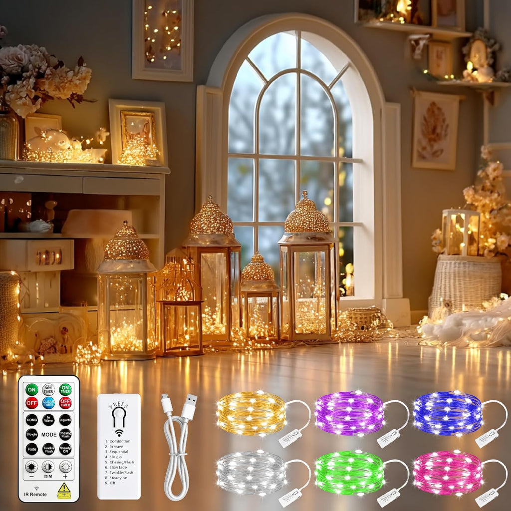 Skiennix 120L Twinkle Lights - 100 LED Rechargeable Fairy Lights with Remote & Timer Bundle