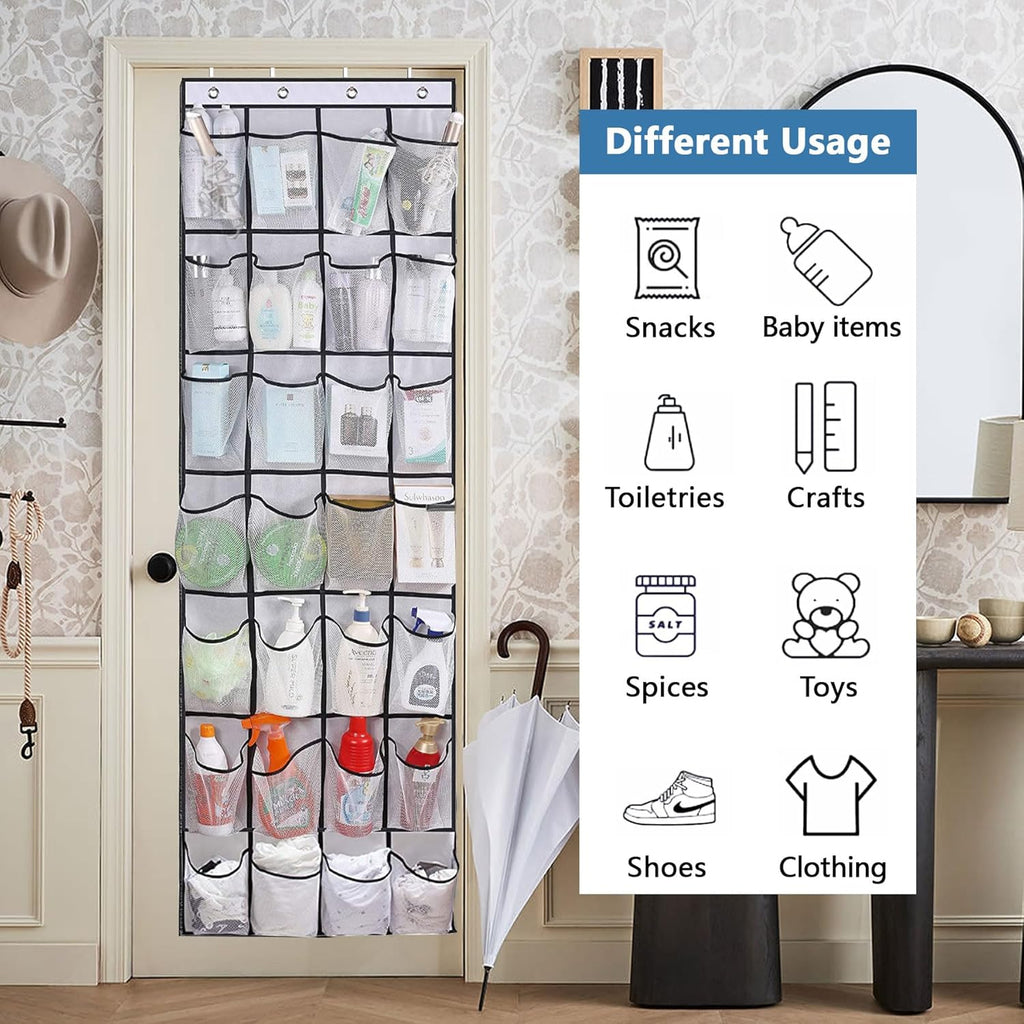Over The Door Shoe Organizer - 28 Large Mesh Pockets for Space-Saving Storage | White
