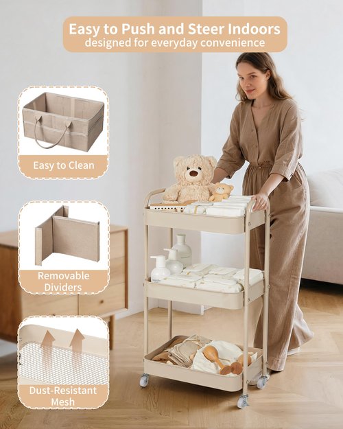 Fortella Baby Diaper Caddy, 3 Tier Rolling Storage Cart for Baby Essentials, Diaper Cart with Detachable Dividers, Storage & Baby Bottle Organizer, Nursery Dresser for Bedroom, Living Room (Taupe)