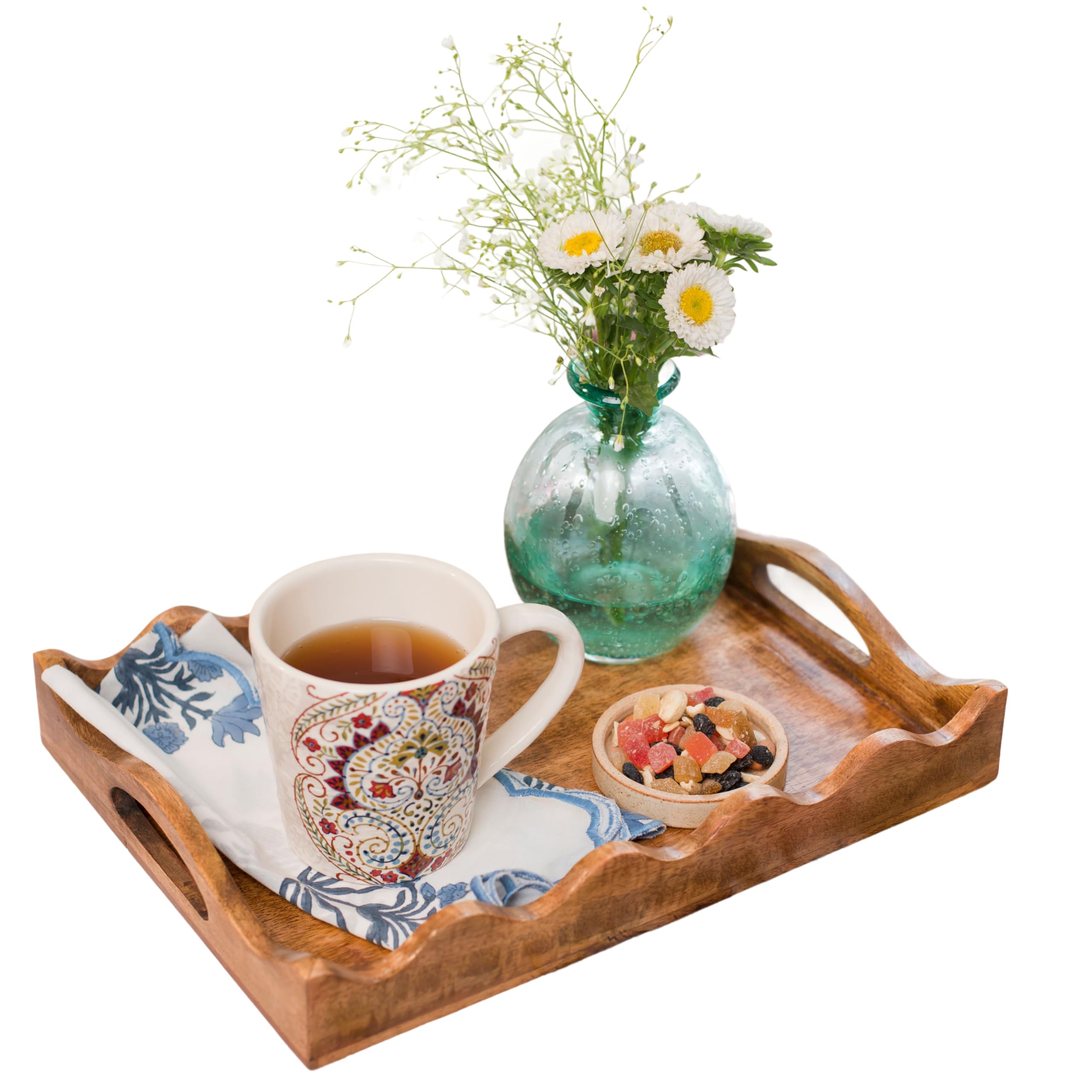 Mela Artisans Wooden Serving Tray with Handles | 12x8x2.5 Mango Wood Decorative Tray | Ottoman Tray | Snacks | Desserts | Breads | Coffee Table | Bedroom | Scalloped Design