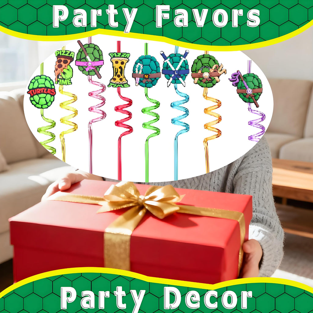 Reusable Ninja Green Turtles Themed Party Straws - 24 PCS Plastic Turtles Drinking Straws for Kids Birthday Party Decorations - Party Favors- Party Supplies with 2 Clean Brushes LEDUO