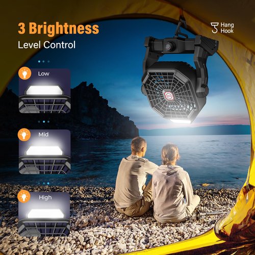 JINLICTE 10400mAh Solar Fan with LED Lantern, Camping Fan with 7W Solar Panel, Rechargeable Solar Powered for Outside, Quiet Battery Operated Tent for Picnic, Barbecue, Fishing, Travel