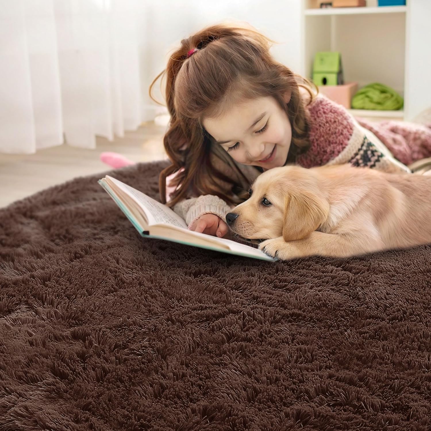 OLANLY Round Coffee Rugs - Soft, Fluffy Shag Area Rug, 5 ft Circle for Bedroom & Living Room Decor