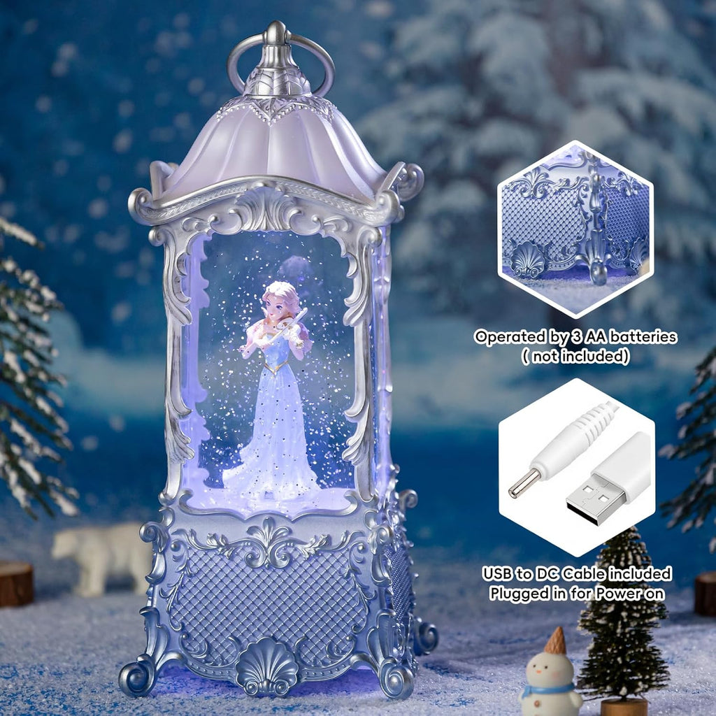 Snow Globe Lantern | Violin Girl Music Box - Shatterproof, LED Light, 8 Songs, USB/Battery Powered, Silver