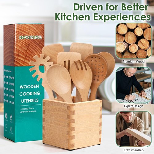 HOWHONG Wooden Spoons for Cooking, Beech Wood Kitchen Utensil Set, Premium Handmade Wooden Cooking Utensils for Nonstick Cookware, Heat Resistant, Smooth Finish, Comfortable Grip, 8 Piece