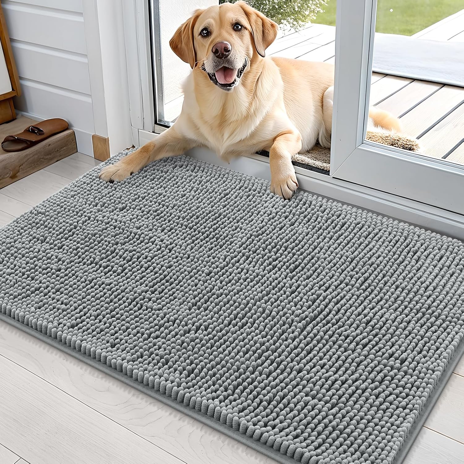 OLANLY Dog Door Mat - Absorbent Non-Slip Mud Mat for Dogs | Quick Dry Chenille, 35x24, Grey