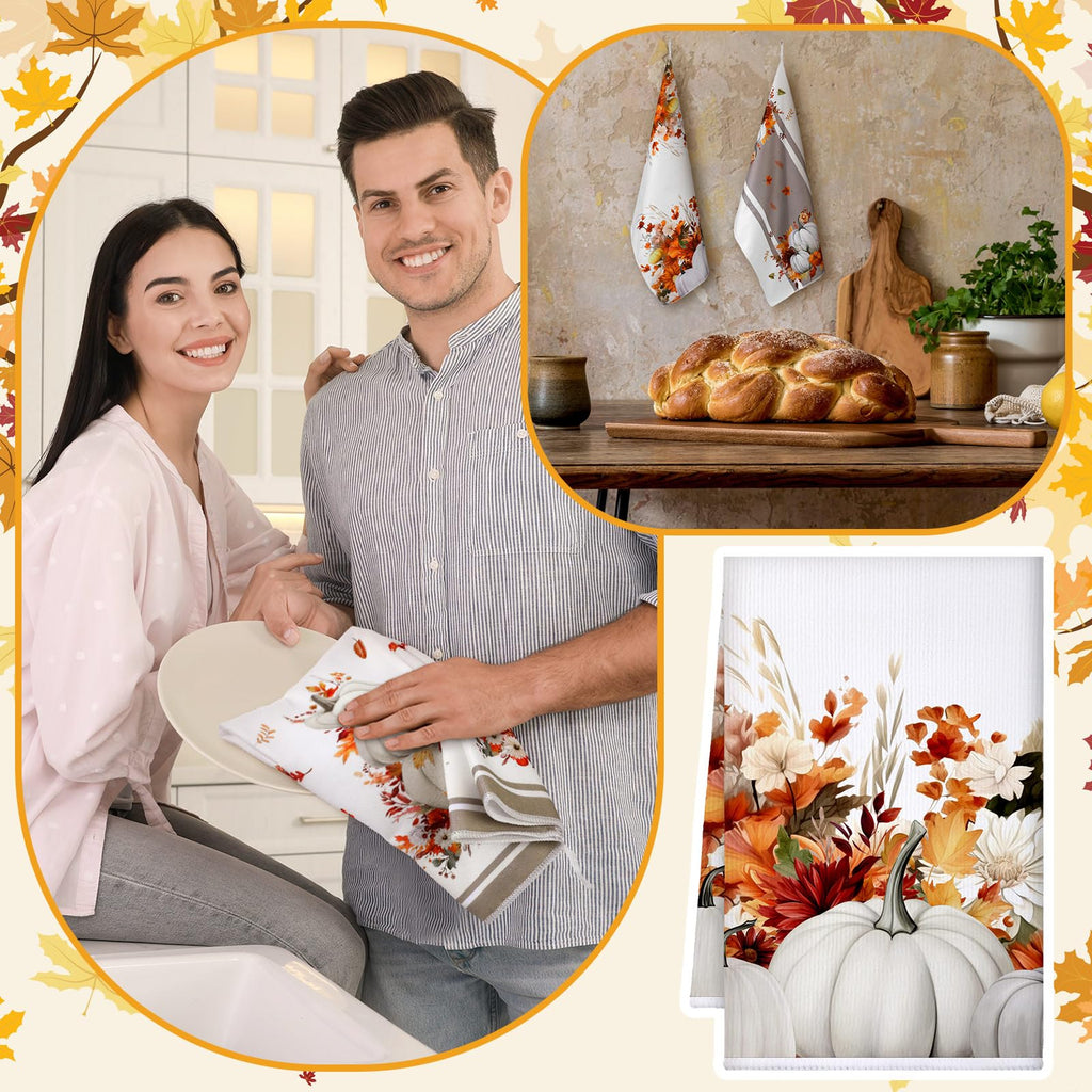 Geyoga Set of 6 Fall Kitchen Towels Autumn Dish Towels Rustic Pumpkin Hand Tea Towel Flower Kitchen Decors for Thanksgiving Fall Decorative Absorbent Fast Drying Cloth for Bathroom Cooking 16" x 24"
