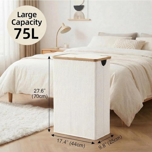 Efluky Slim Laundry Basket - Narrow Hamper with Lid & Removable Bag - 75L Beige for Bathroom & Bedroom
