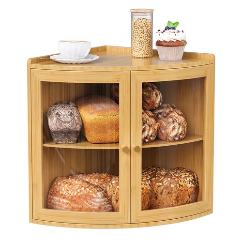 Trironsun Bamboo Corner Bread Box for Kitchen Counter with Acrylic Transparent Door Large Capacity Bread Holder Double Layer Bread Storage Container for Homemade Bread (Natural Bamboo)