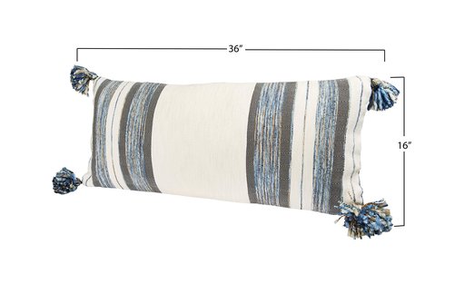 Blue, Grey & Cream Striped Cotton Blend Lumbar Pillow with Tassels