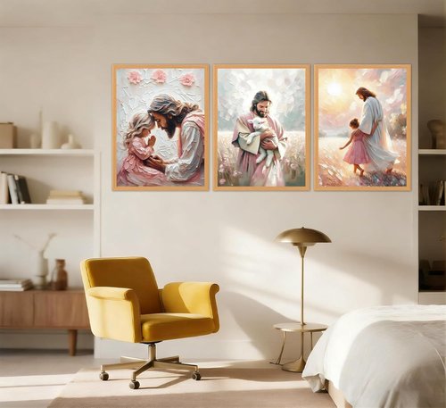 Jesus Little Girl Poster Art - Canvas Print of Jesus Holding Lamb | Unframed Wall Decor for Children's Room