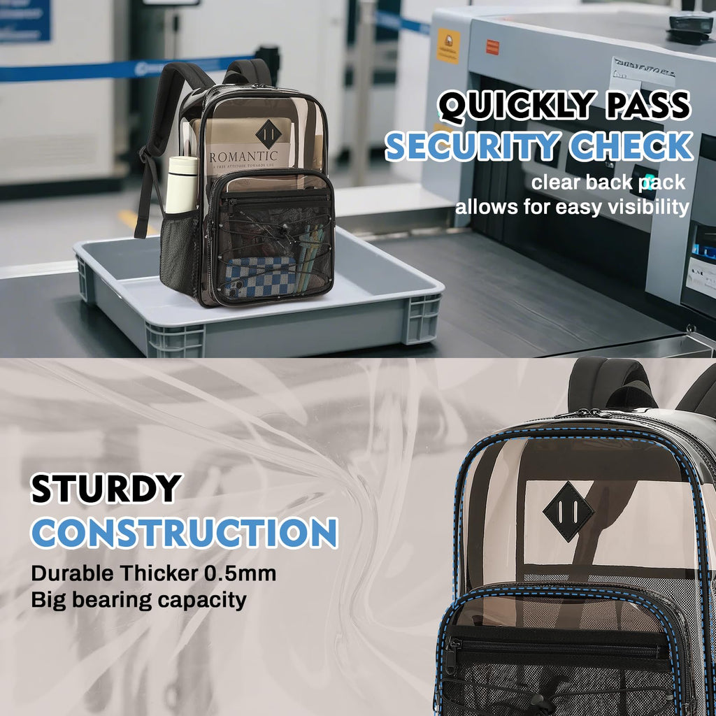 MUSEVOS Clear Backpack Heavy Duty for School, Large PVC See Through Backpacks for Stadium Events, Travel, Clear BookBag for Kids, Boys and Girls, Semi Black