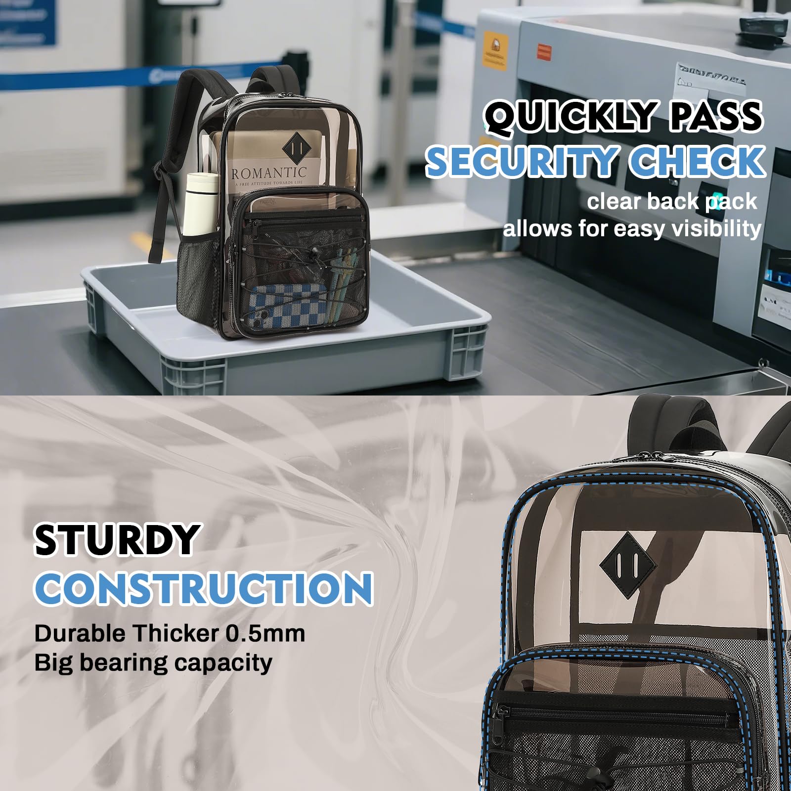 MUSEVOS Clear Backpack Heavy Duty for School, Large PVC See Through Backpacks for Stadium Events, Travel, Clear BookBag for Kids, Boys and Girls, Semi Black