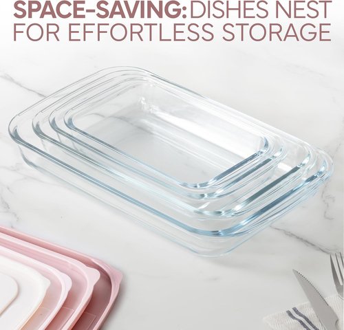 Cook With Color 8-Piece Glass Baking Dish Set with Lids - Deep Casserole & Food Storage, Oven Safe, Pink